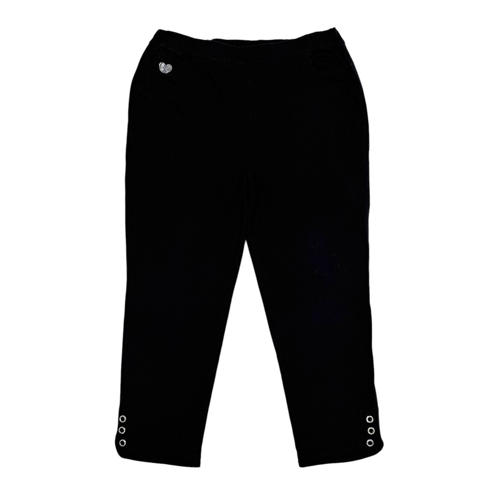 Quacker Factory Dream Jeannes Black Rhinestone Heart Pants Size Large Short